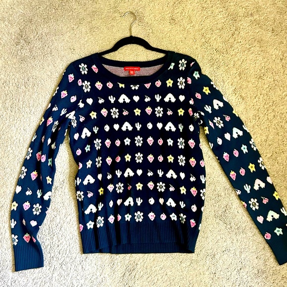 Saks 5th Fifth Avenue Crewneck Sweater Womens Large Navy Blue Pullover Emoticon - Picture 1 of 5